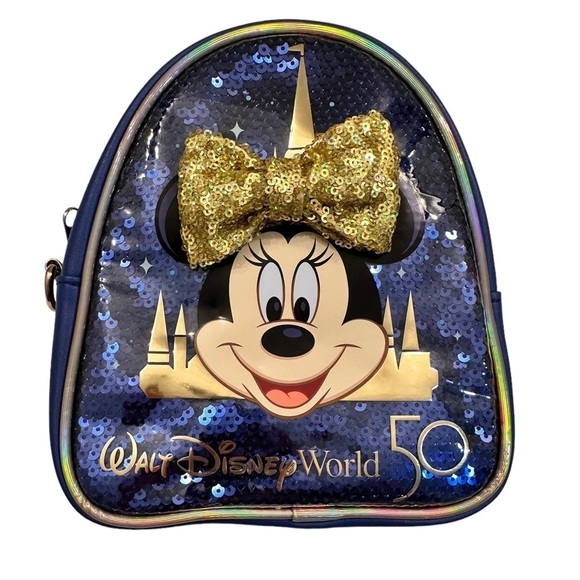Minnie backpack 50th anniversary! Disney world blue & gold top handle & straps - Picture 1 of 4